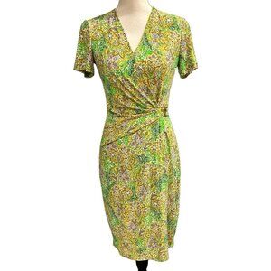 Anne Klein‎ Dress Womens 2 Green Floral Faux Wrap Jersey Knit Surplice Ruched